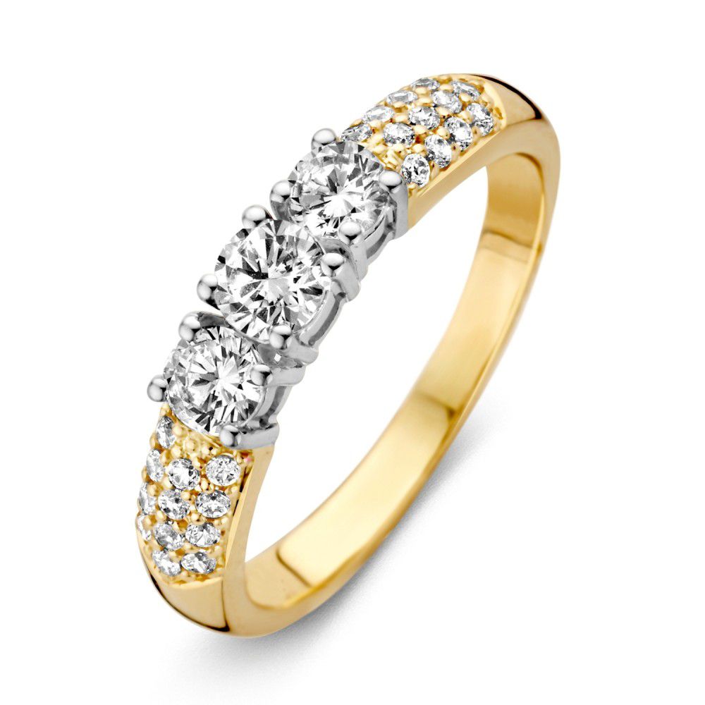 Bicolor Damenring aus 14 Karat Gold mit weißen Zirkonia und drei Hauptsteinen