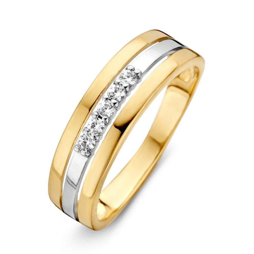 Gelb-weiße Goldring mit Zirkonia und glänzender Oberfläche, breiter Band mit zwei silbernen Streifen