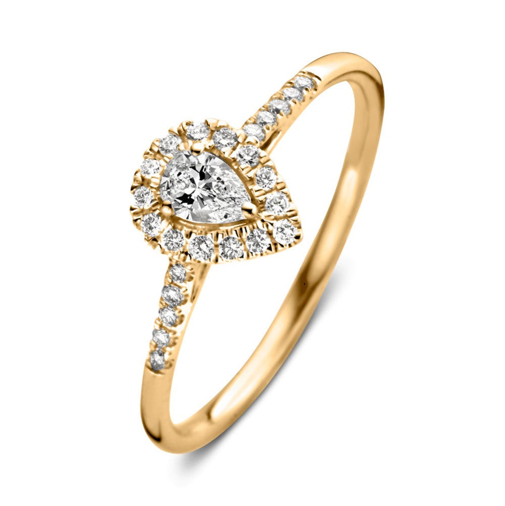 Ring aus Gelbgold mit tropfenförmigem Zirkonia und umlaufenden kleinen Steinen
