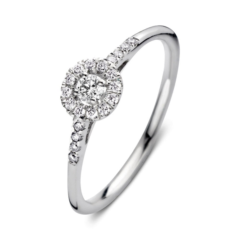 Ring aus Weißgold mit rundem, funkelndem Diamantbesatz und kleinen Steinen am Band