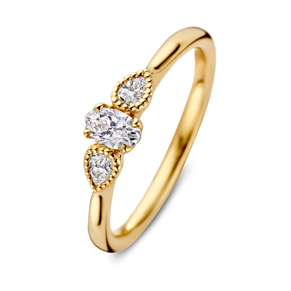 Vintage Ring aus 14 Karat Gelbgold mit ovalem Diamanten und zwei tropfenförmigen Seitensteinen