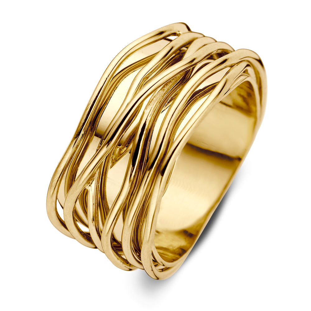 Breite Damenring aus 14 Karat Gelbgold mit verspielten, gewundenen Linien