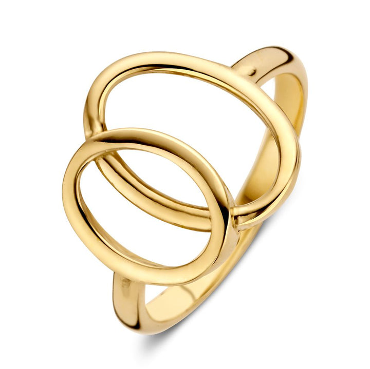 De Geelgouden Damesring met Speels Design van Excellent Jewelry is een 14 karaat geelgouden ring met een modern, open ontwerp van twee asymmetrische ovalen op een eenvoudige band, getoond tegen een witte achtergrond.