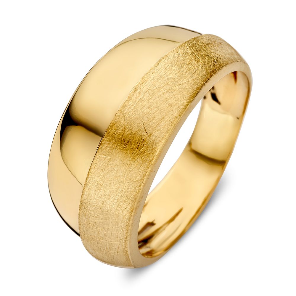Breite Ring aus 14 Karat Gelbgold mit mattem und poliertem Design, 10 mm breit, ohne Edelsteine