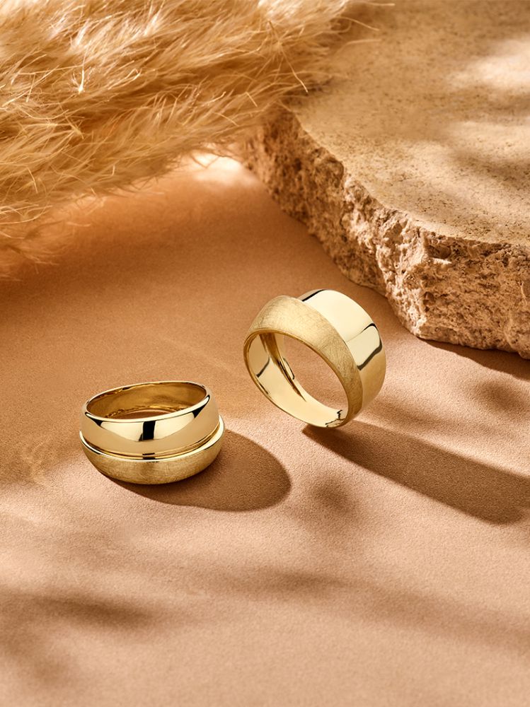 Gold Statement Ring 14 Karat – Gelbgold mit mattiertem und poliertem Design, 10 mm breit, ohne Edelsteine