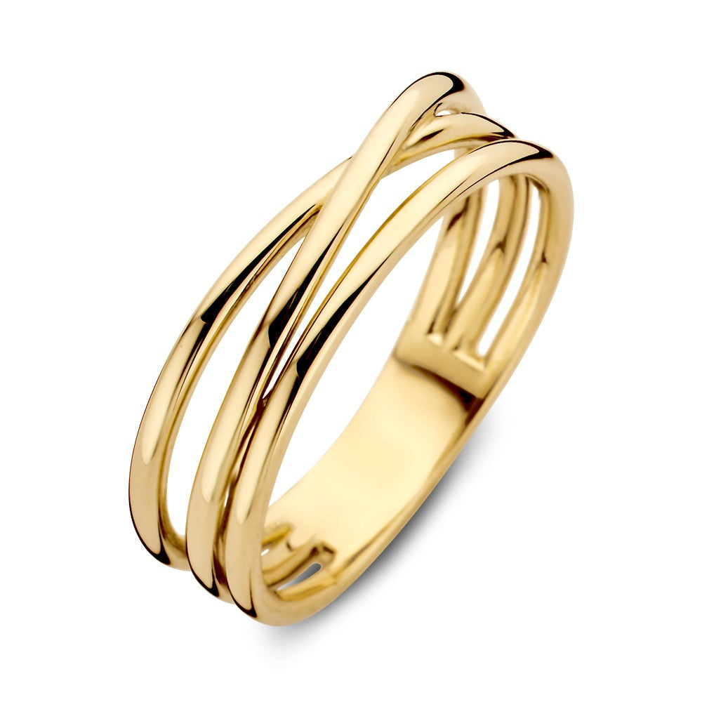 Damenring aus 14 Karat Gelbgold mit drei überlappenden Bändern, 5,6 mm breit