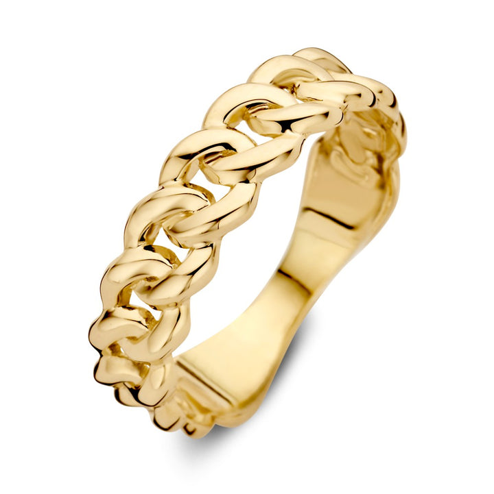 De Excellent Jewelry Geelgouden Schakelring is een damesring vervaardigd uit 14kt goud, met een 5,3 mm breed geweven schakelontwerp, een gepolijste afwerking en weegt 2,2 gram.