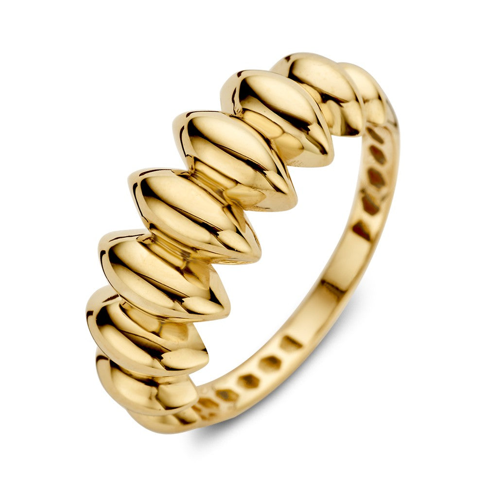 Breite gelbgoldene Ring mit verspieltem Design, 14kt Gold, 8 mm breit, glänzende Oberfläche