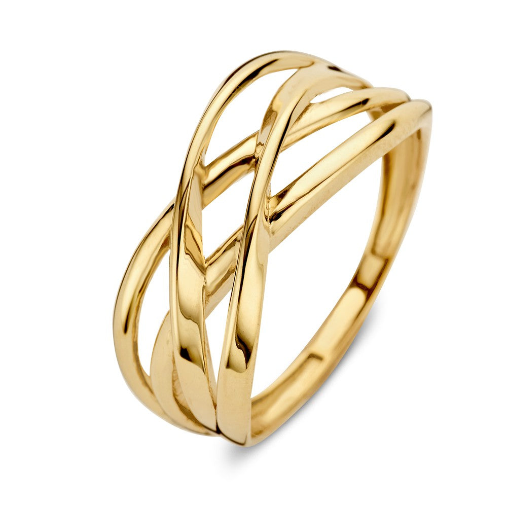 Ring aus 14kt Gelbgold mit gekreuzten Bändern, 9 mm breit, glänzende Oberfläche