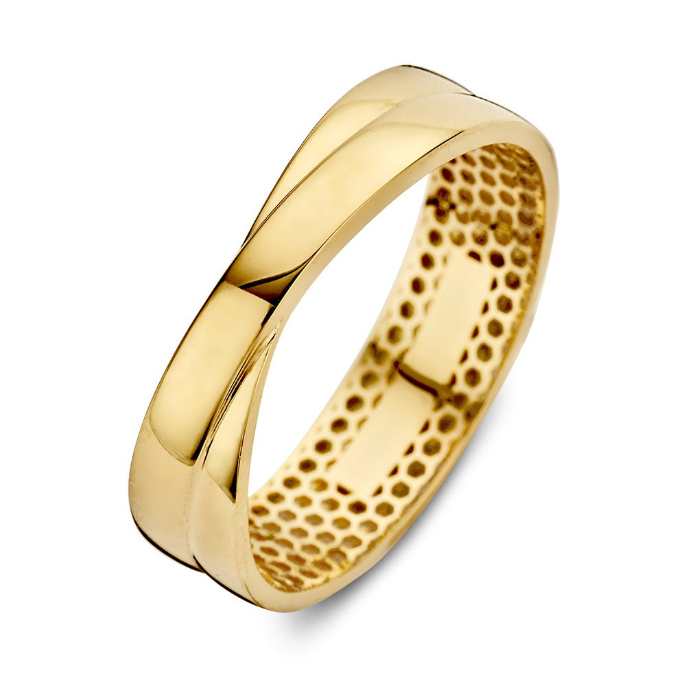 Gelbgoldener Ring mit gekreuztem Band, 14kt Gold, 5 mm breit, glänzende Oberfläche