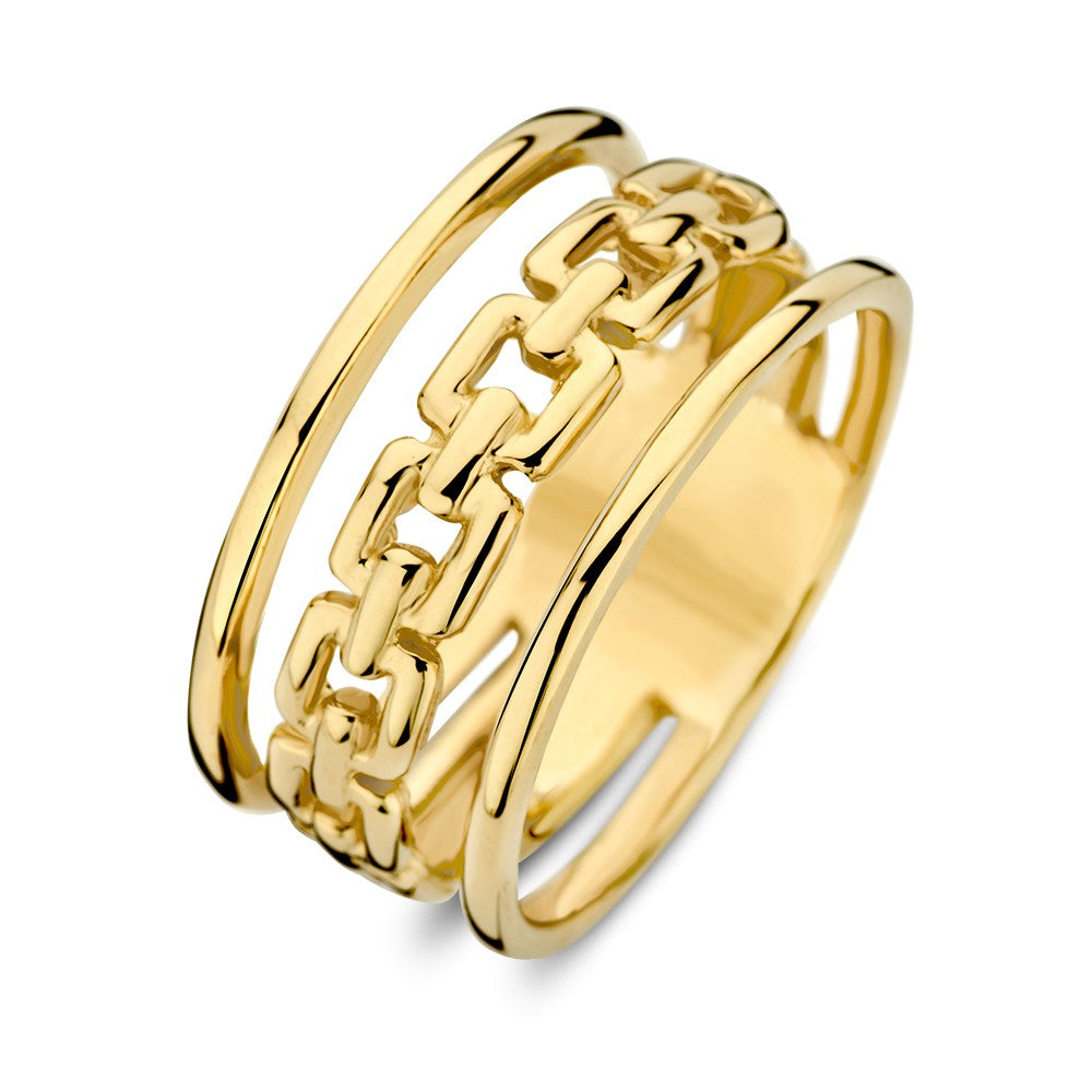 Ring aus Gelbgold mit zwei schmalen, glänzenden Bändern und einer Kettenstruktur in der Mitte