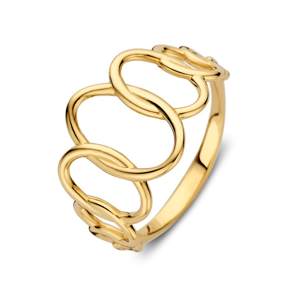 Verspielter Ring aus 14kt Gelbgold mit offenem Design, 14 mm breit, gewogen 2,6 Gramm