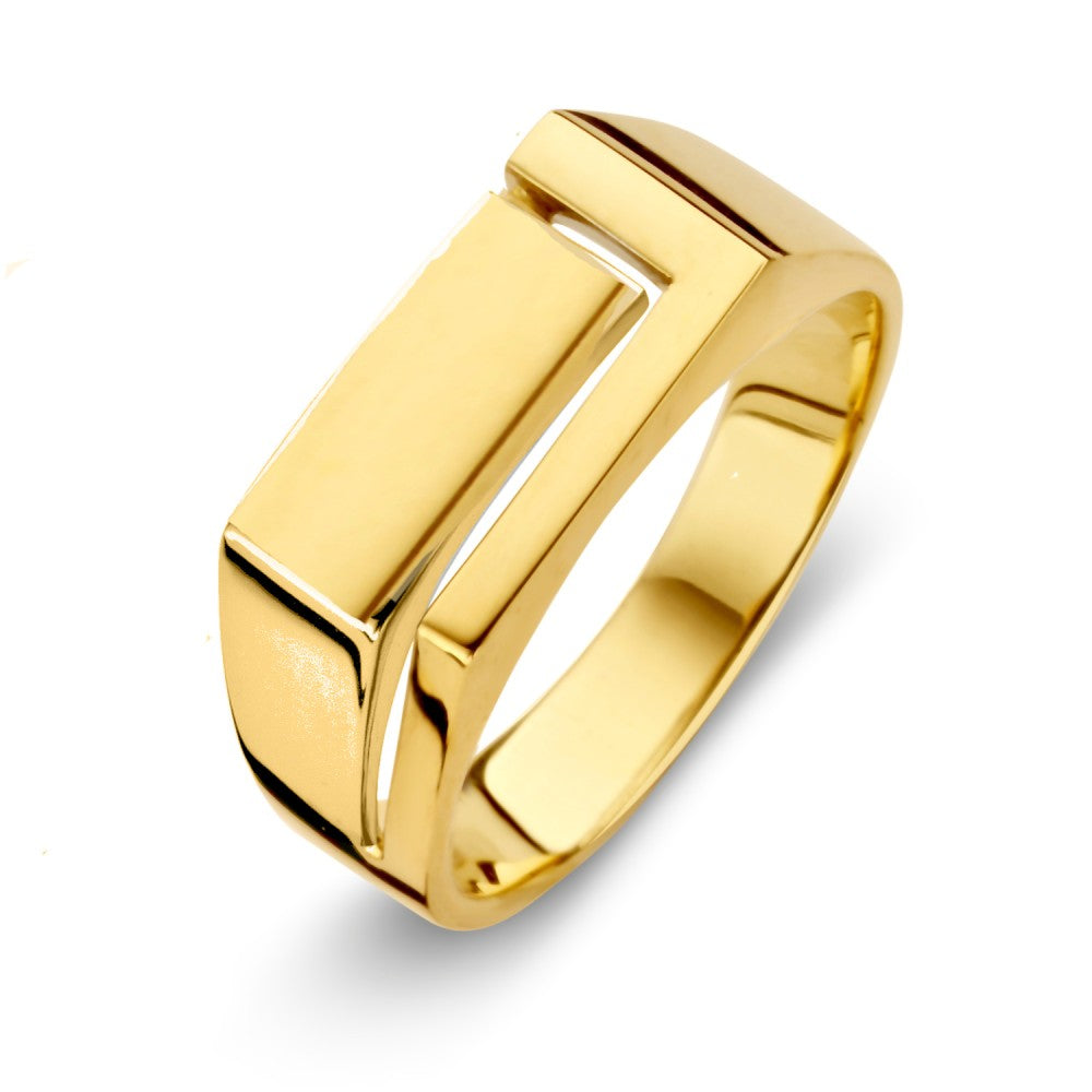 Moderne Herrenring aus Gelbgold mit spielerischem Design und klaren Linien