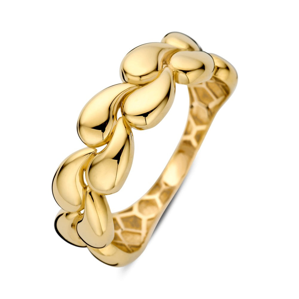 Ring aus Gelbgold mit geschwungenem, geflochtenem Design und glänzender Oberfläche