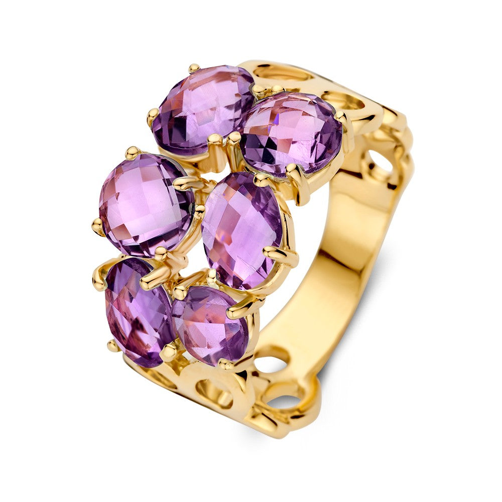 Ring aus Gelbgold mit organischem Muster und fünf lila Amethysten
