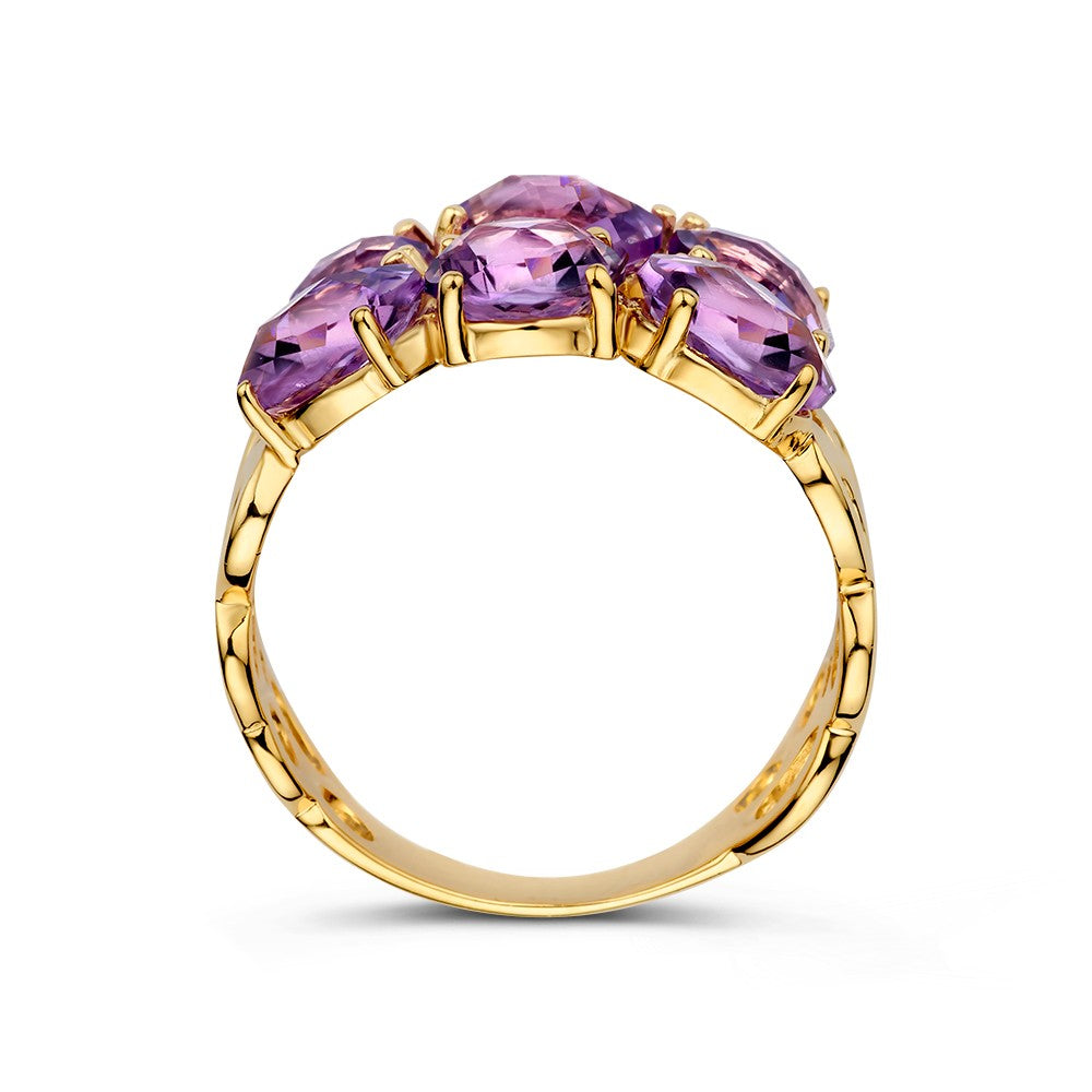 Einzigartiger Gelbgoldring mit organischem Muster und lila Amethysten