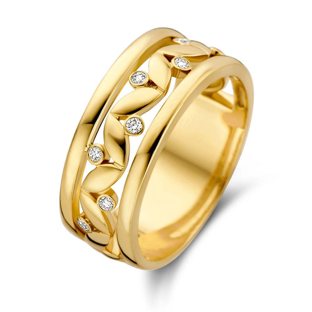 Gelbgoldener Ring mit Blattdesign und fünf kleinen Diamanten von 0,09 ct