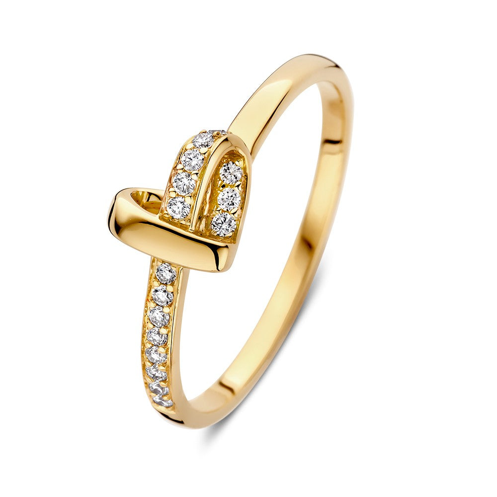 De Geelgouden Hart Ring met Diamanten, 0,11ct van Excellent Jewelry heeft een hartvormig ontwerp dat gedeeltelijk is bezet met fonkelende diamanten langs één kant van het hart en de band.