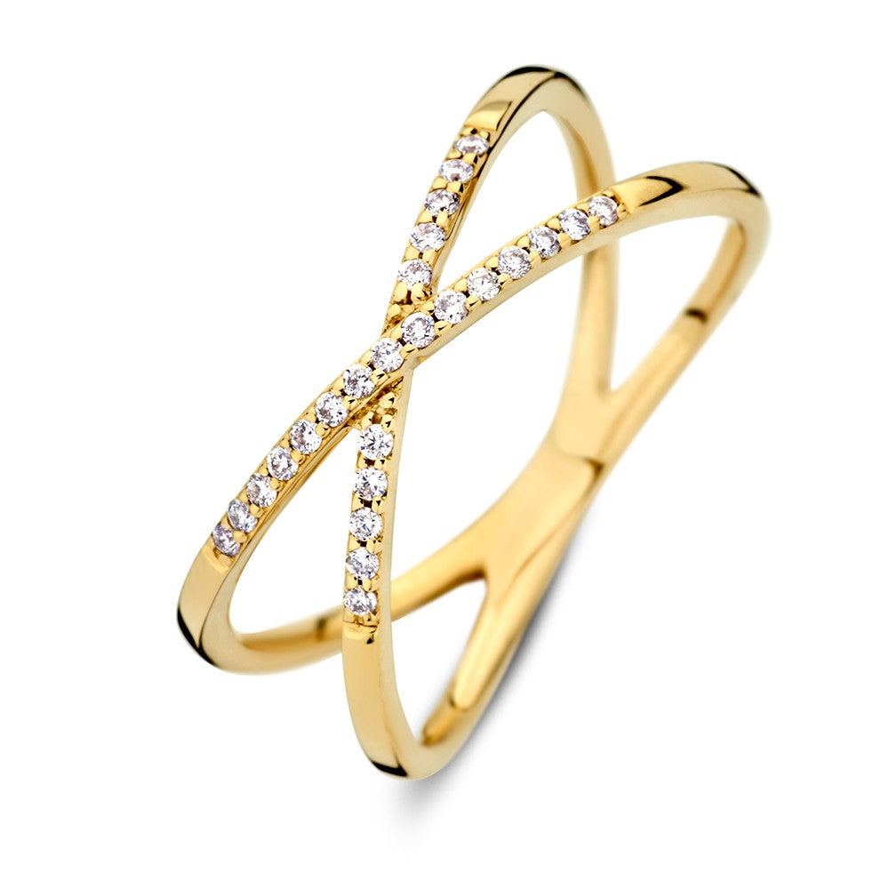 Verfeinerter Ring aus 14 Karat Gelbgold mit gekreuzten Bändern und Diamanten