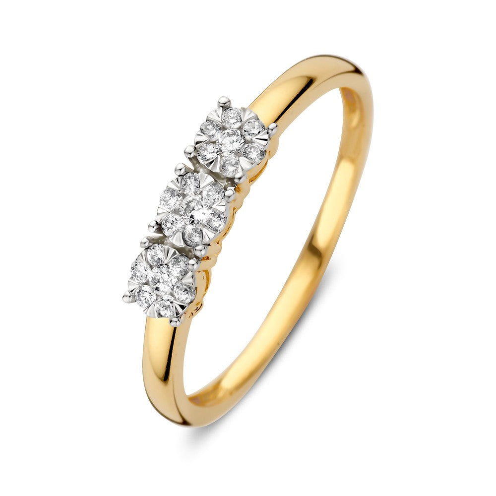 Dreisteinring aus Gelbgold mit Brillanten in Entourage-Setzung, 0,18 ct