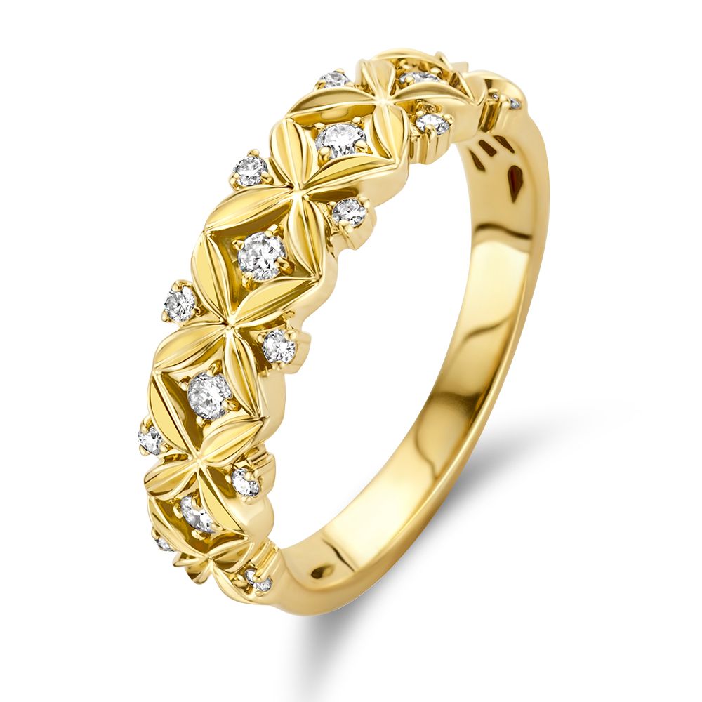 Verzierte gelbgoldene Ring mit Diamanten, 0,19 ct, und floralem Muster