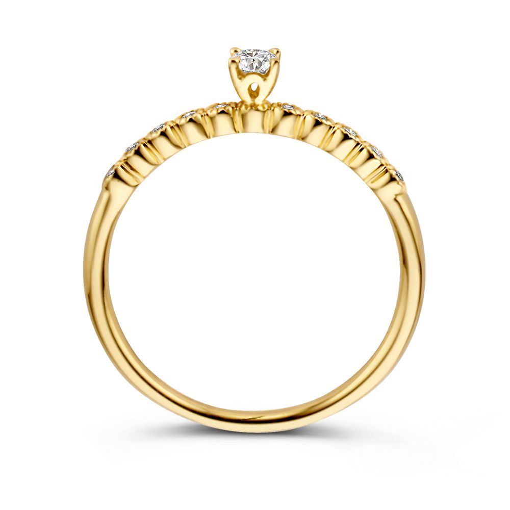 Vintage Gelbgold Solitärring mit Diamant Seitensteinen – 14 Karat, 0,19 ct Brillant Diamant, H/SI-1 Qualität