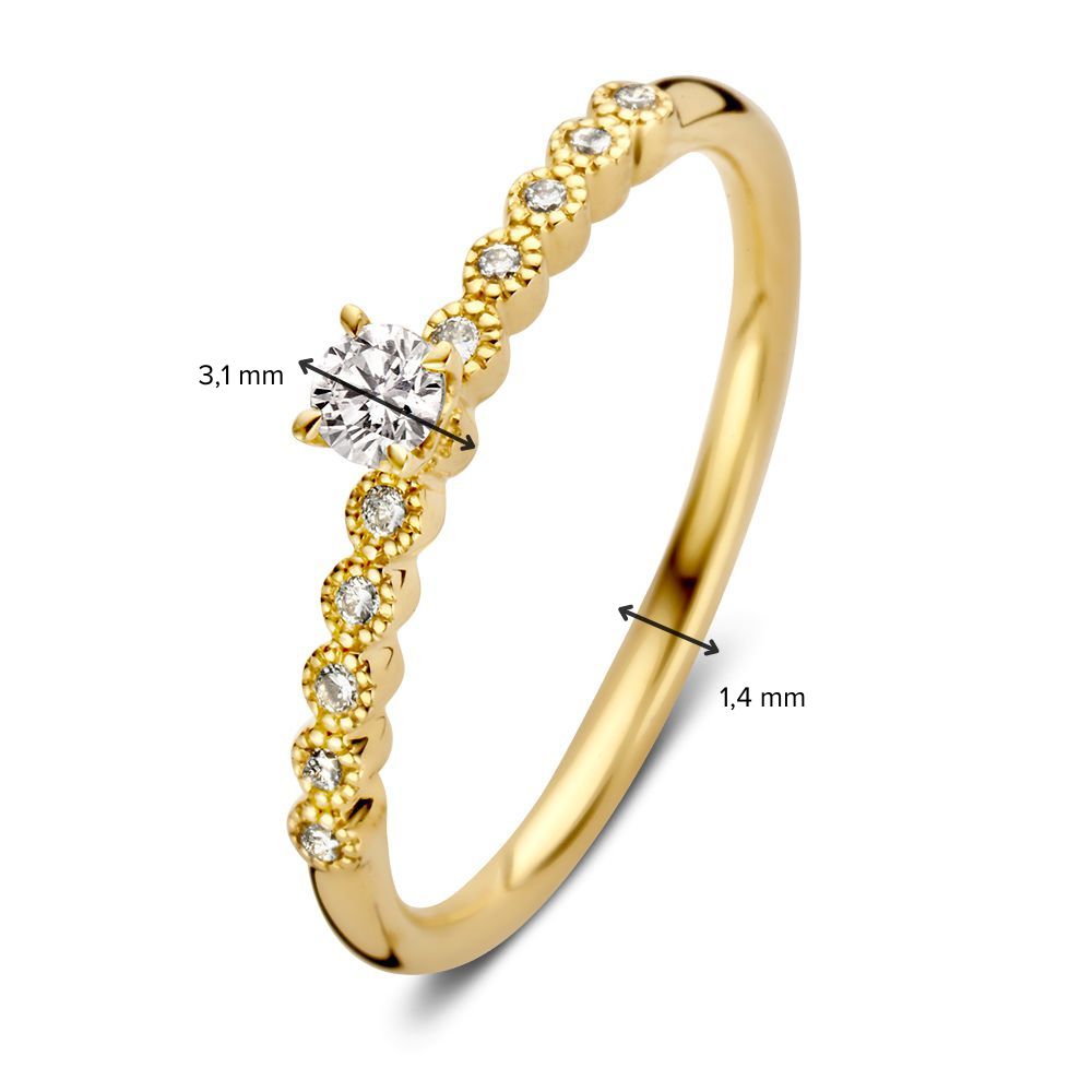 Vintage Gelbgold Solitärring mit Diamant Seitensteinen – 14 Karat, 0,19 ct Brillant Diamant, H/SI-1 Qualität