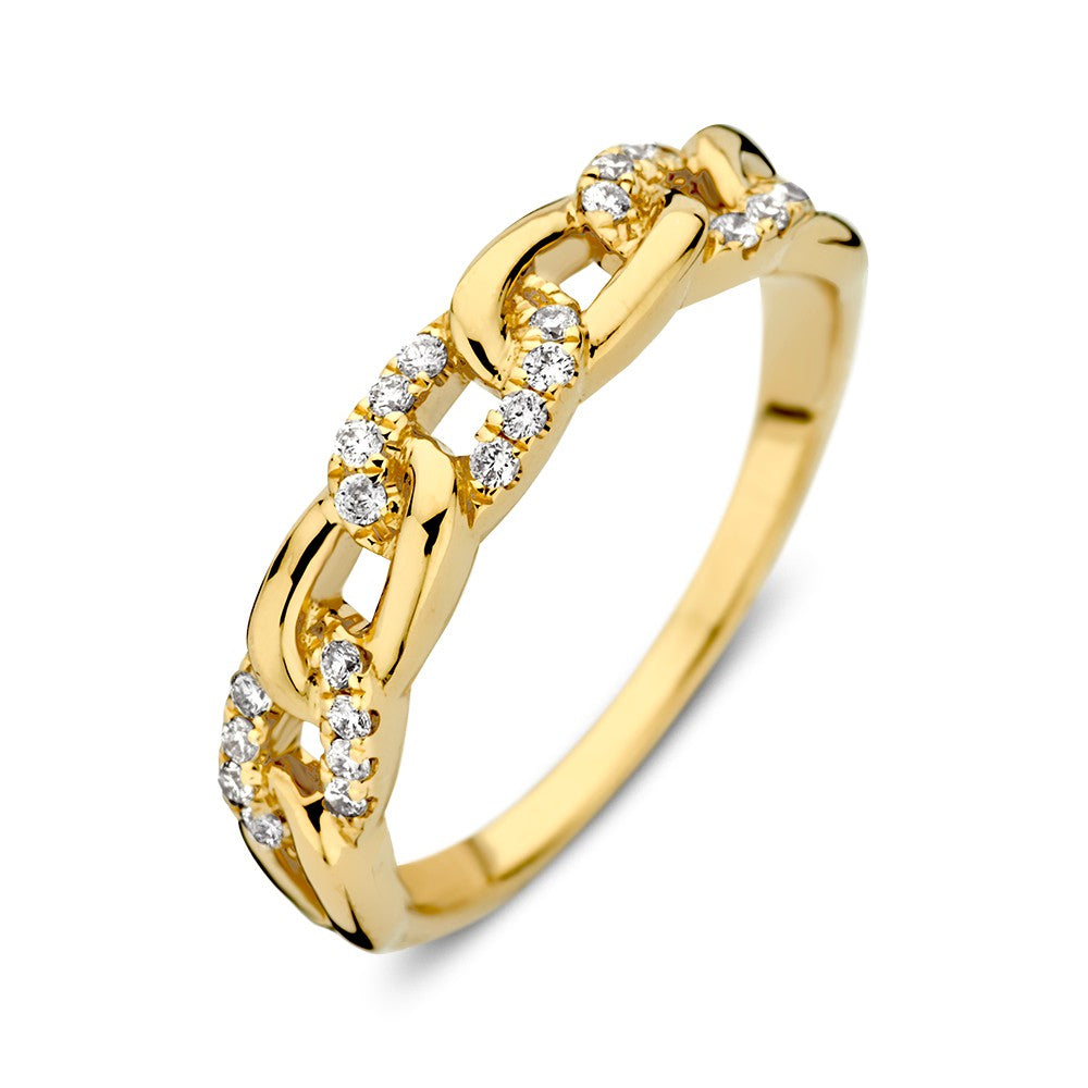Gelbgoldene Schakelring mit drei Diamanten und glänzender Oberfläche