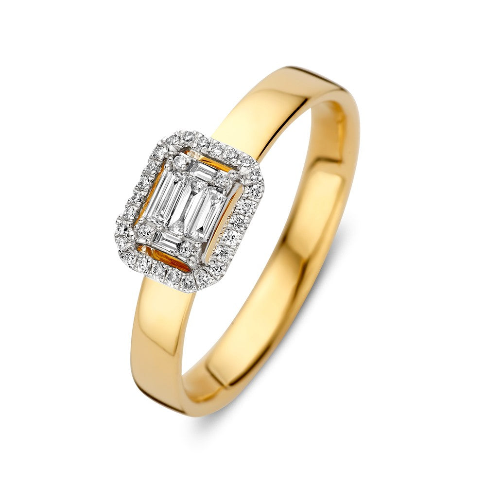 Bicolor Goldring mit Brillanten und Baguette-Diamanten in unsichtbarer Fassung