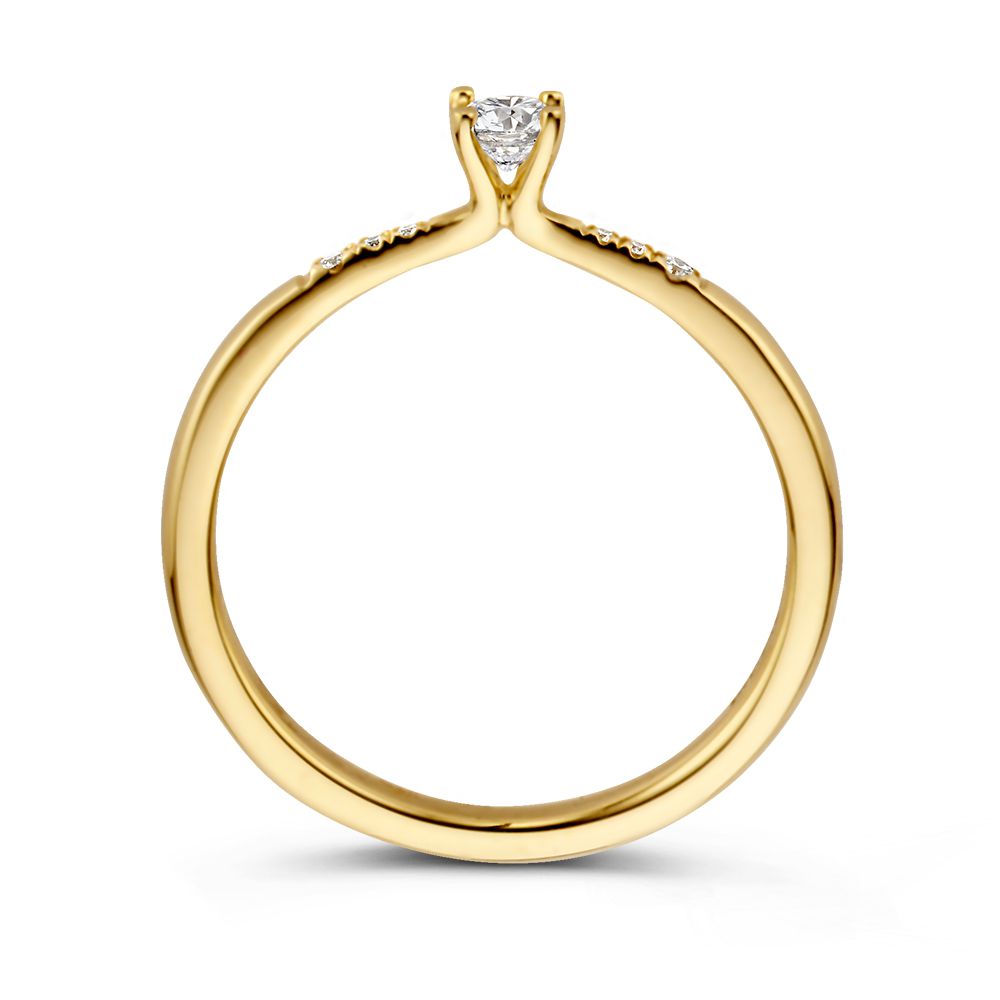 Eleganter Solitärring aus Gelbgold mit brillantgeschliffenem Mittelstein und Seitensteinen 0,21 Karat.