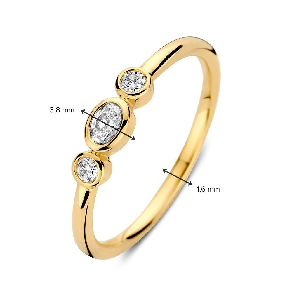 14 Karat Gelbgoldring mit drei Steinen, ovalen und brillantgeschliffenen Diamanten