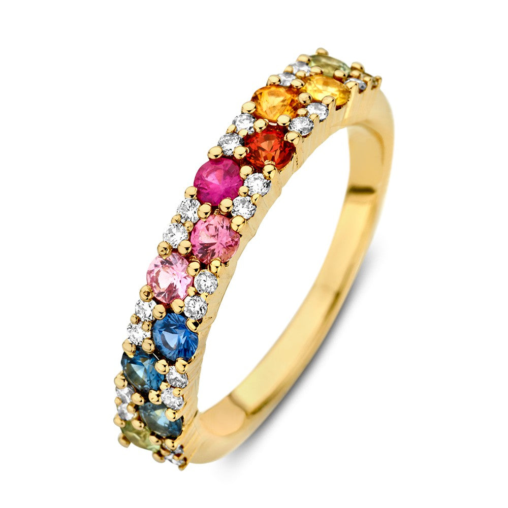 Gelbgoldener Ring mit Regenbogensaphiren und Diamanten, besetzt mit bunten Edelsteinen und kleinen Diamanten