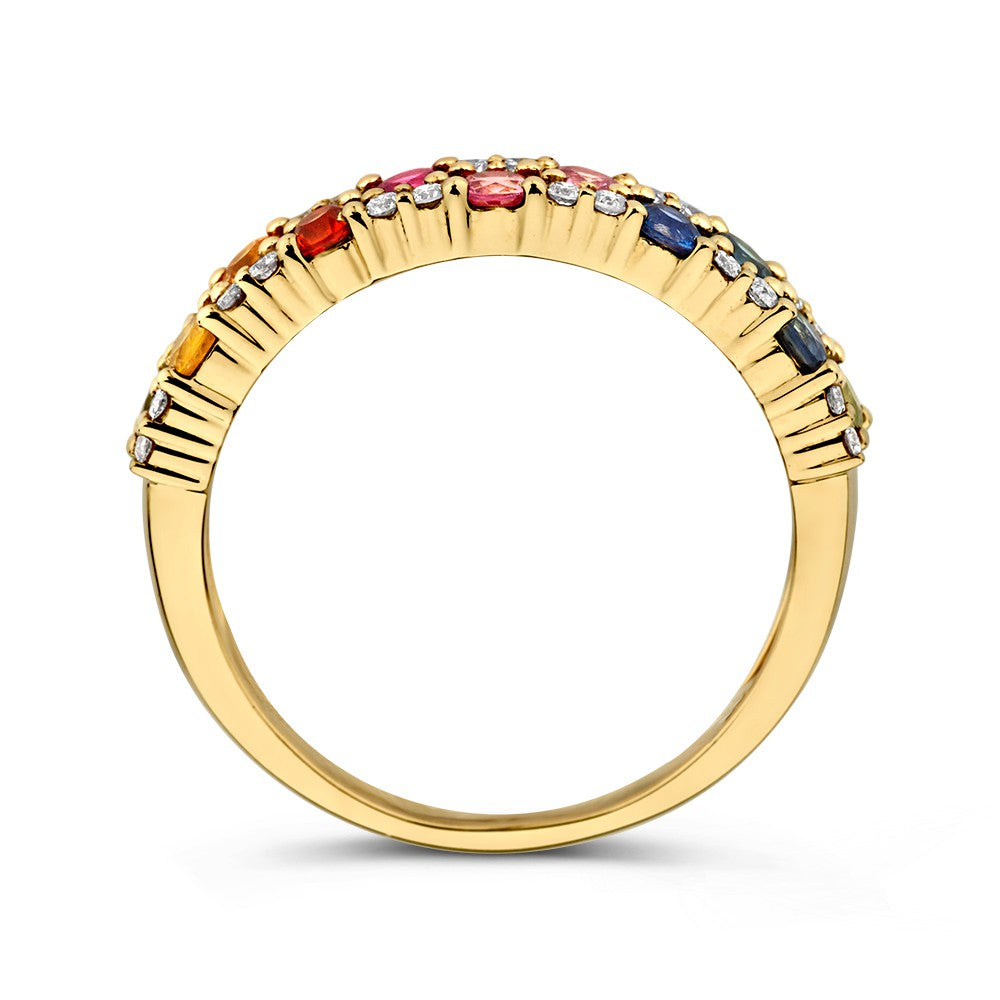 Gelbgoldring mit Regenbogen-Saphir und Diamanten – 14 Karat Luxus für Damen