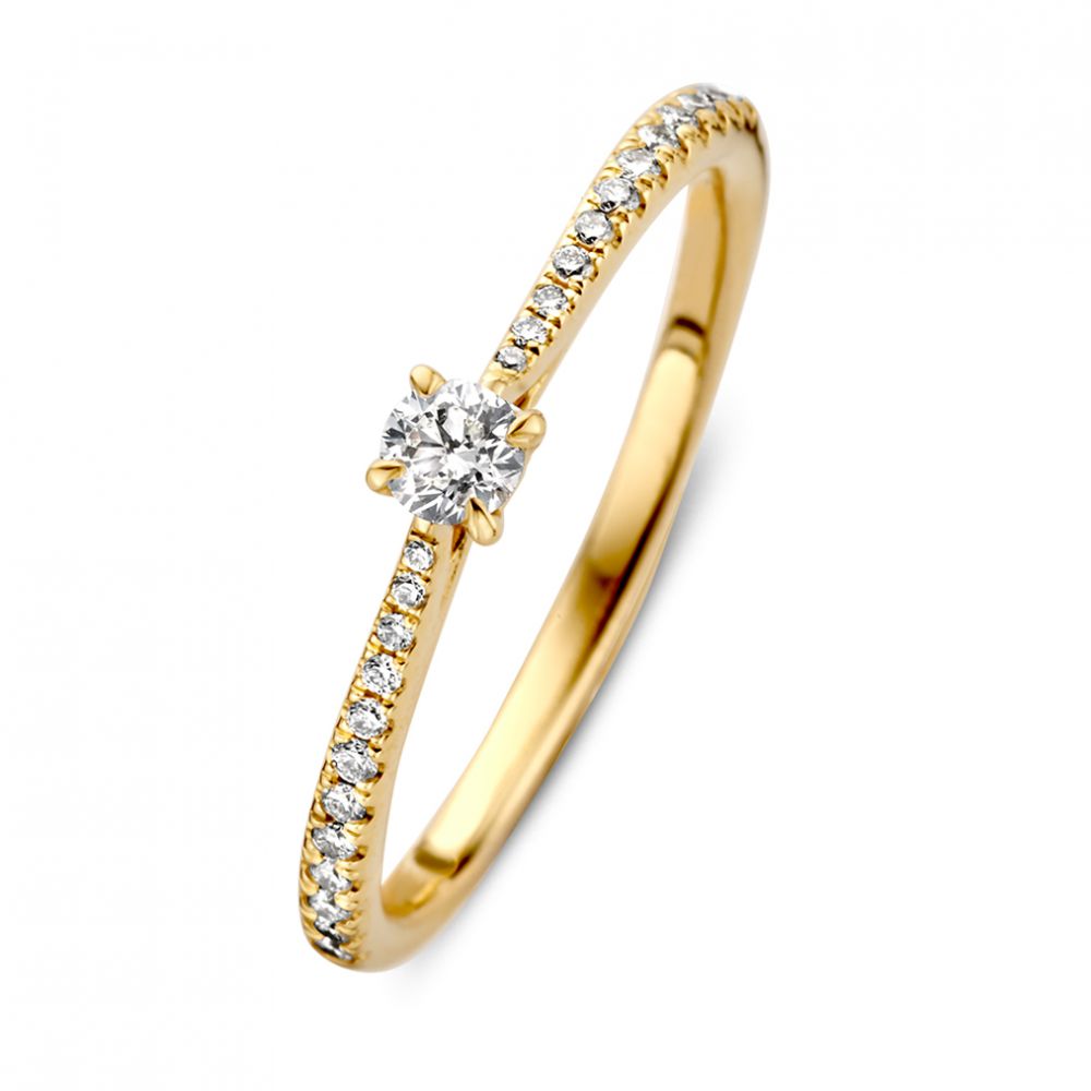 Feine Gelbgoldring mit funkelndem Diamanten von 0,22 ct und kleinen Diamanten am Ringband