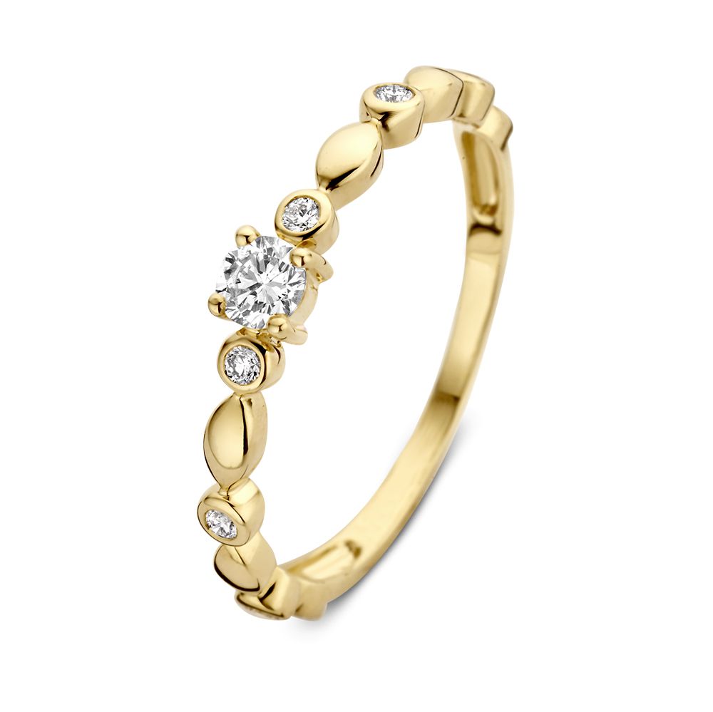 Eleganter gelbgoldener Solitärring mit bearbeitetem Schenkel und 0,23 ct Diamant