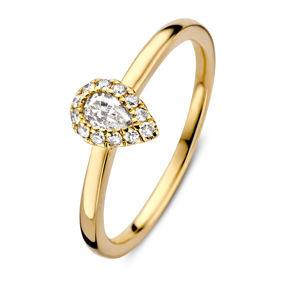 Eleganter Ring aus Gelbgold mit einem tropfenförmigen Diamanten und kleinen, funkelnden Steinen