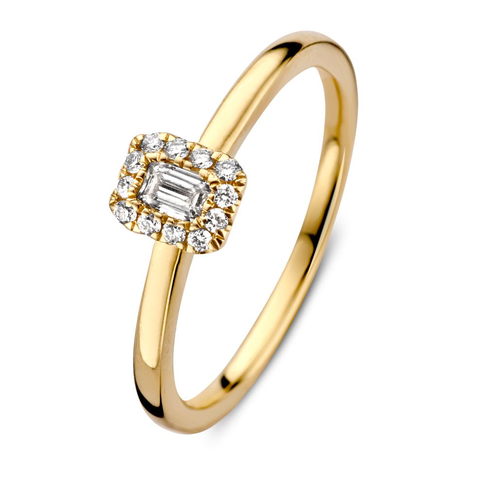 Feine gelbgoldene Ring mit Baguette-Diamant und rundem Diamantenbesatz