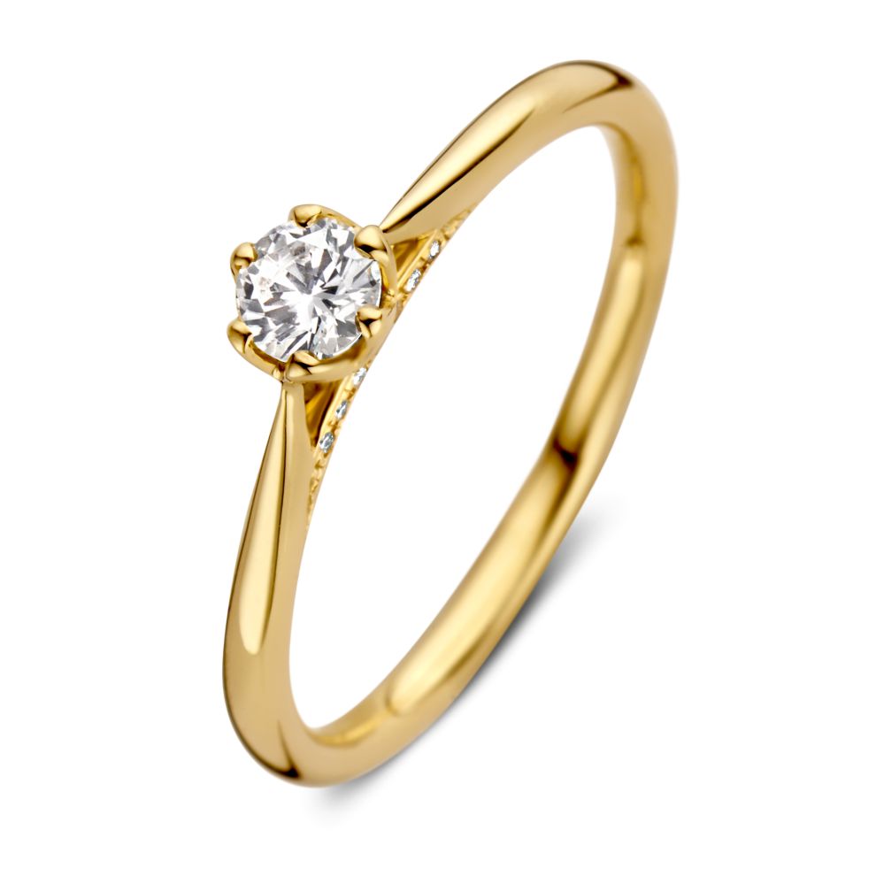 Gelbgoldene Solitär-Ring mit brillantem Hauptstein und feinen Diamanten