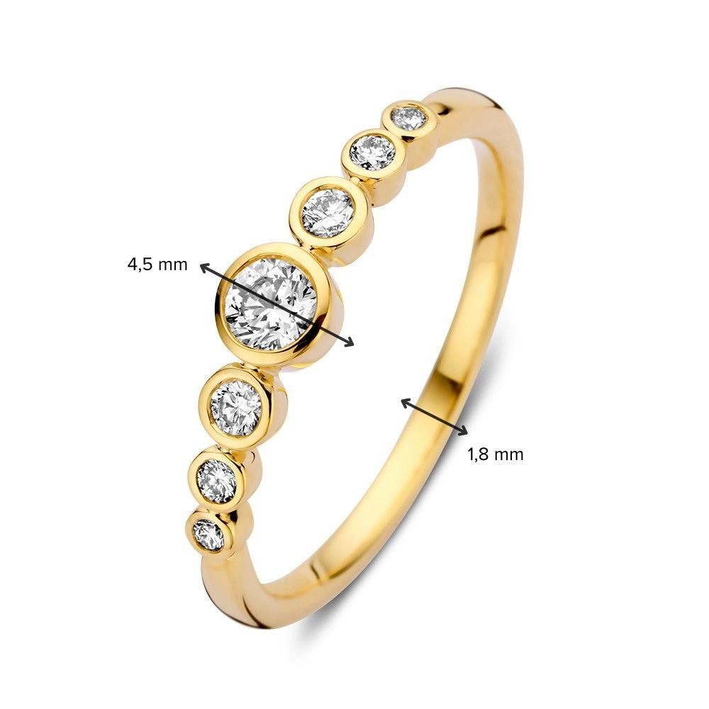 De Elegant Gouden Ring met 0,32ct diamanten van Excellent Jewelry heeft een uniek 'bubbels' ontwerp in 14k geelgoud, met zes ronde diamanten gezet langs een 1,8 mm band voor een verbluffende schittering.