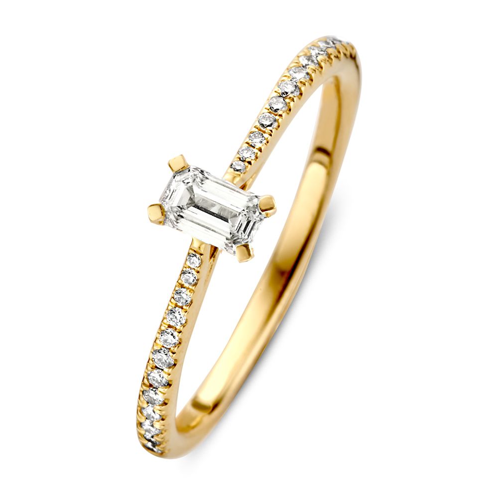 Feine gelbgoldene Ring mit Baguette-Diamant und funkelnden Akzenten, 14 Karat Gold, 0,42 ct Diamanten