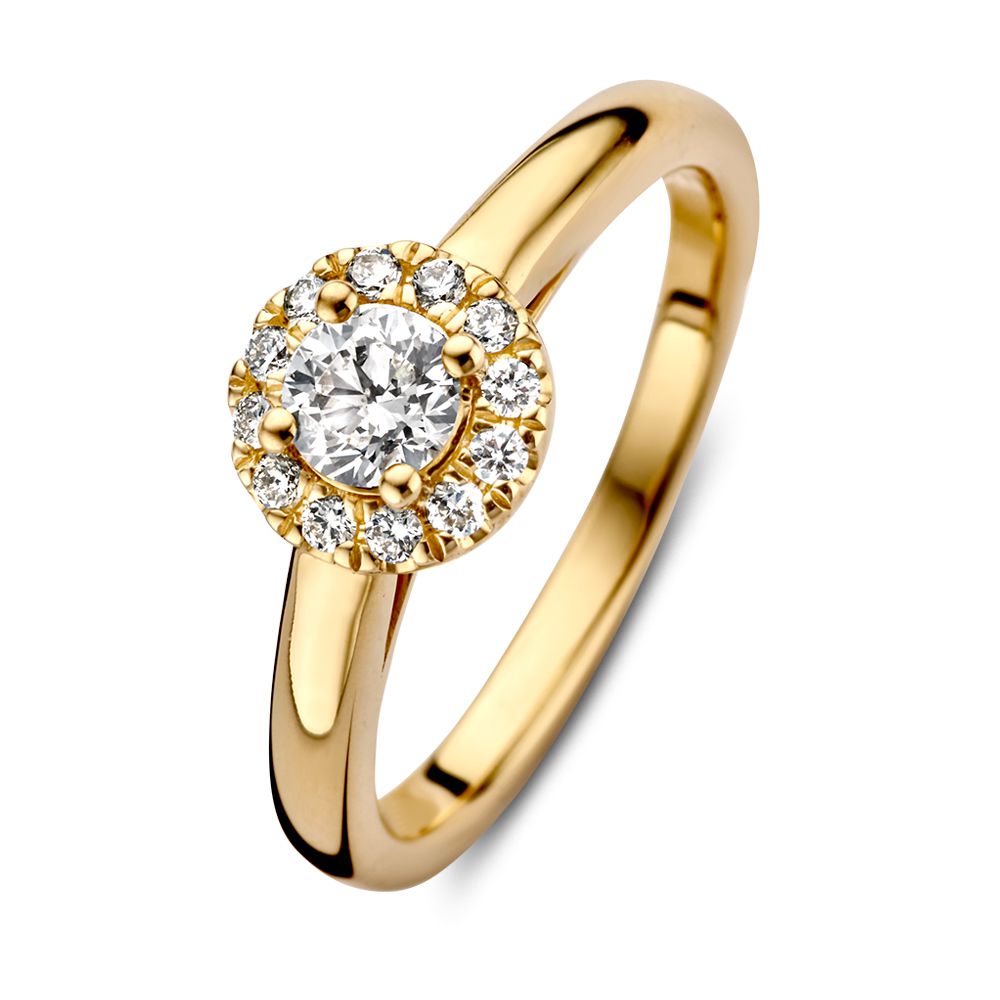Gelbgoldene Entourage-Ring mit 0,32 ct Diamant und rundem, funkelndem Ziersteinbesatz