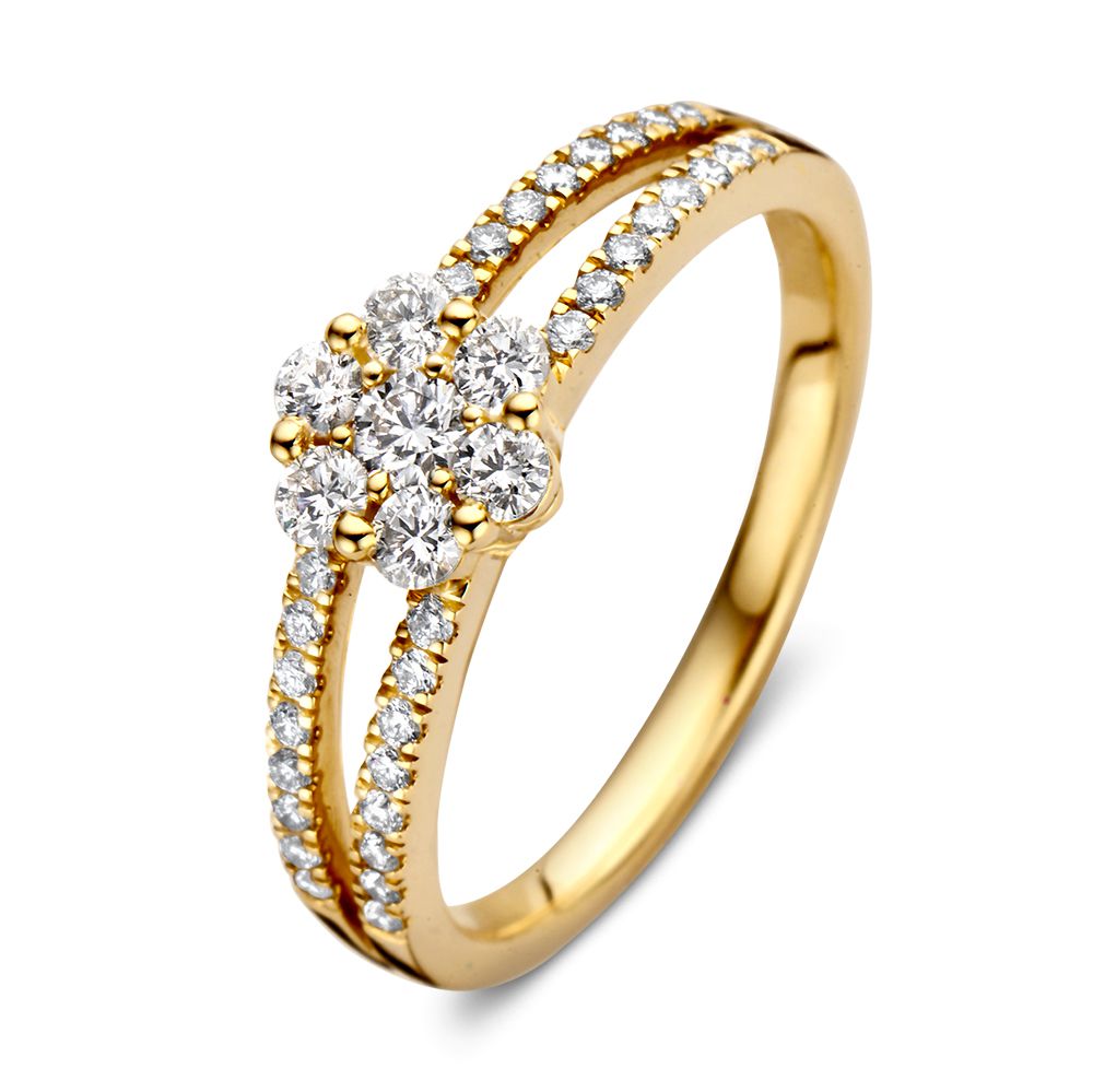 Gelbgoldene Entourage-Ring mit Brillanten, 14 Karat, 0,55 ct, blütenförmiges Design mit seitlichen Steinen