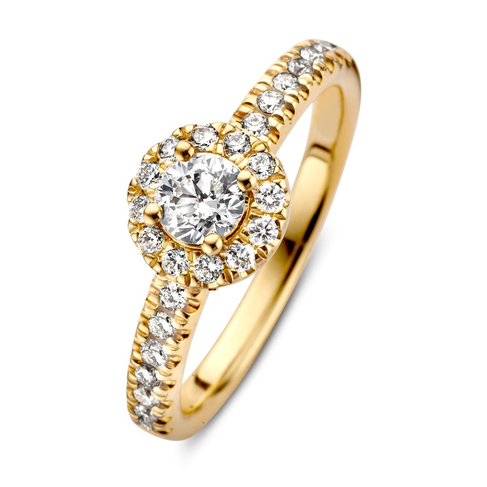 Eleganter Ring aus 14-karätigem Gelbgold mit rundem Brillanten und umlaufenden kleinen Diamanten