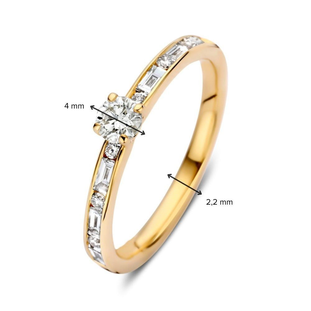 Stilvoller Gelbgold Diamant Solitär Ring mit Baguette- und Brillantschliffen – 14 Karat 0.63 Karat.