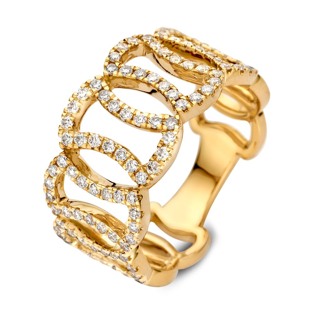 Einzigartiger Ring aus 14-karätigem Gelbgold mit funkelnden Diamanten und geschwungenem Design