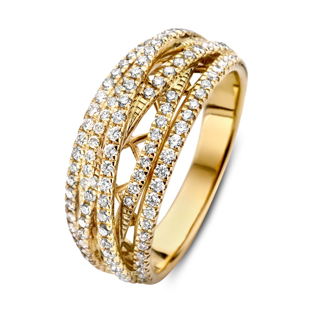 Ring aus gelbem Gold mit 6 verflochtenen Bändern und funkelnden Diamanten