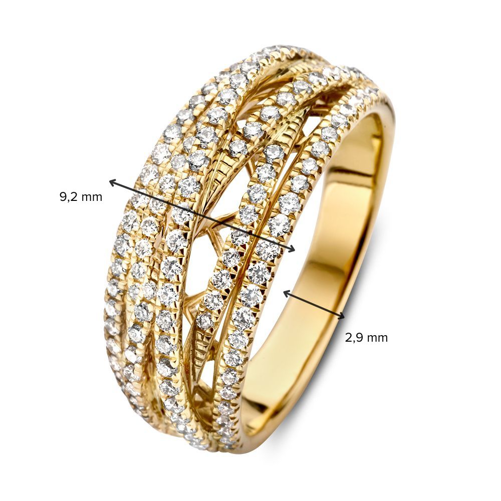 Atemberaubender Gelbgold Diamantring mit 6 ineinander verwobenen Bändern 0,71 Karat.