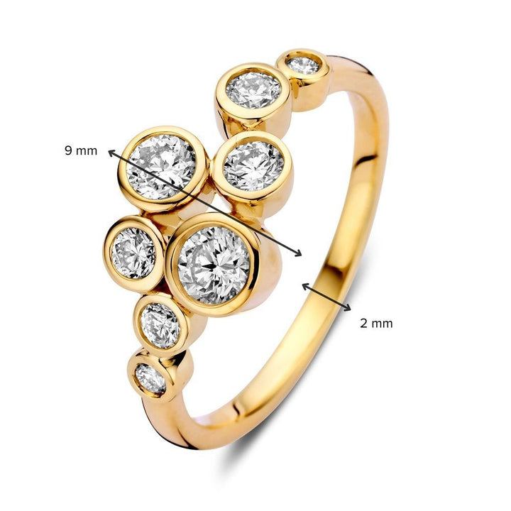 De Elegante 14k Geelgouden Ring met 0,81ct Diamanten uit de 'Bubbles' collectie van Excellent Jewelry heeft een speels cluster van bezel gezette ronde diamanten van 9mm breed bij het cluster en 2mm voor de band.