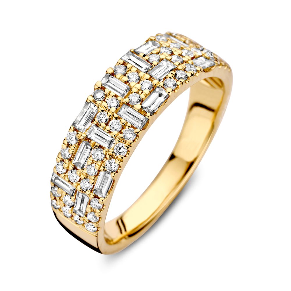Gelber Goldring mit Brillanten und Baguette-Diamanten, 0,94 ct, glänzende Oberfläche
