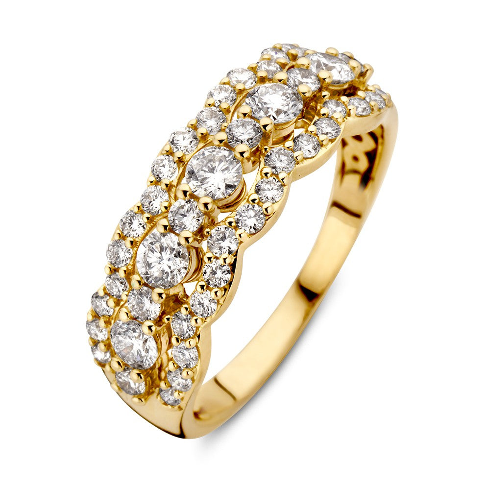 Ring aus 14-karätigem Gelbgold mit wellenförmigem Design und funkelnden Diamanten